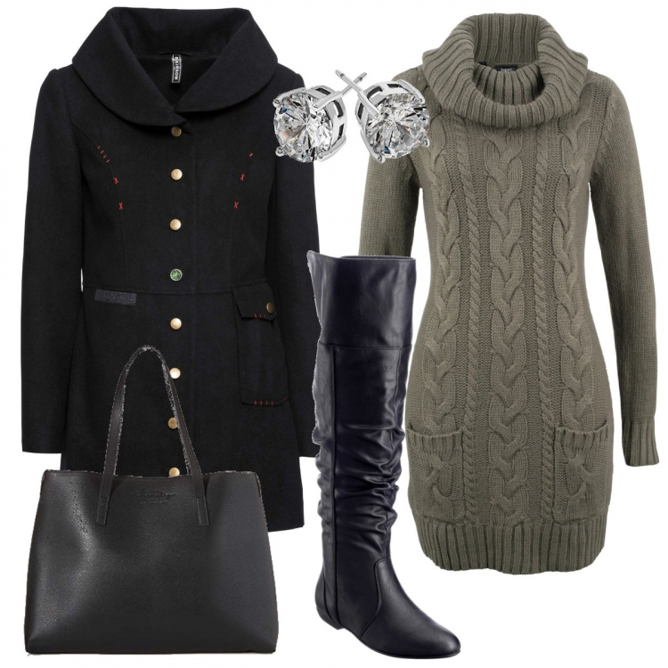 Outfit donna - Maxi vestito di maglia. Stile Basic per Tutti i giorni. Abbinamento con stivali sopra il ginocchio, vestiti, cappotto, borsa a mano tote nero, orecchini.