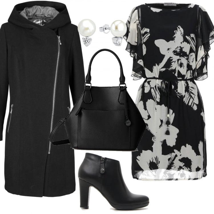 Outfit donna - Black and white. Stile Trendy per Tutti i giorni. Abbinamento con blazer, vestito corto, stivaletti, borse a cartella, orecchini con perle in argento 925 bianco.