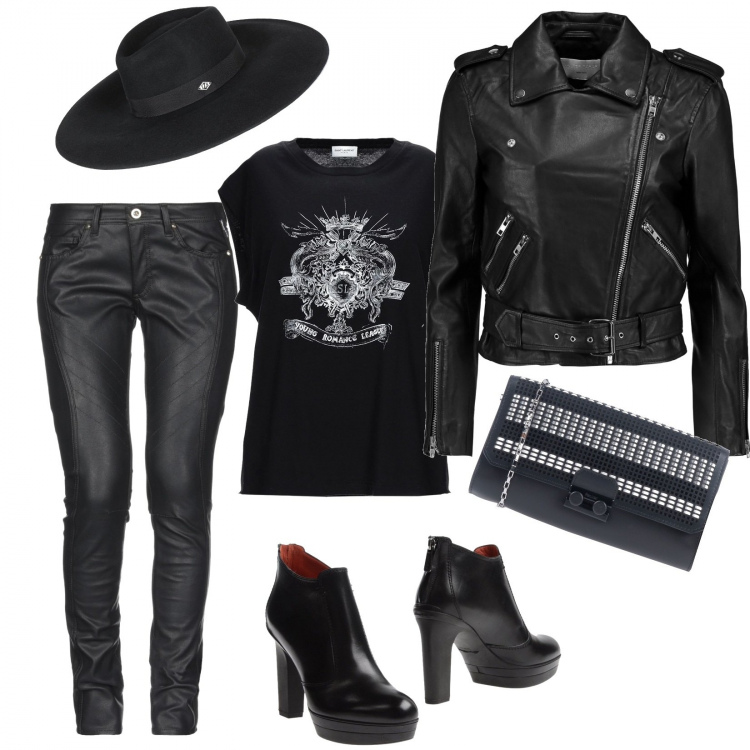 Outfit mujer - Total Black lady. Estilo Rock para Todos los días. Combinación con top jersey, pantalone, bolsos de mano, cappello in lana, giacca, botines.