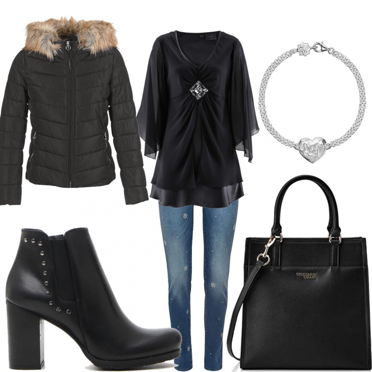 Outfit donna - Il mio 2019!. Stile Basic per Tutti i giorni. Abbinamento con tuniche, piumini, borsa a tracolla tote nero, stivaletti, jeans skinny, braccialetti.