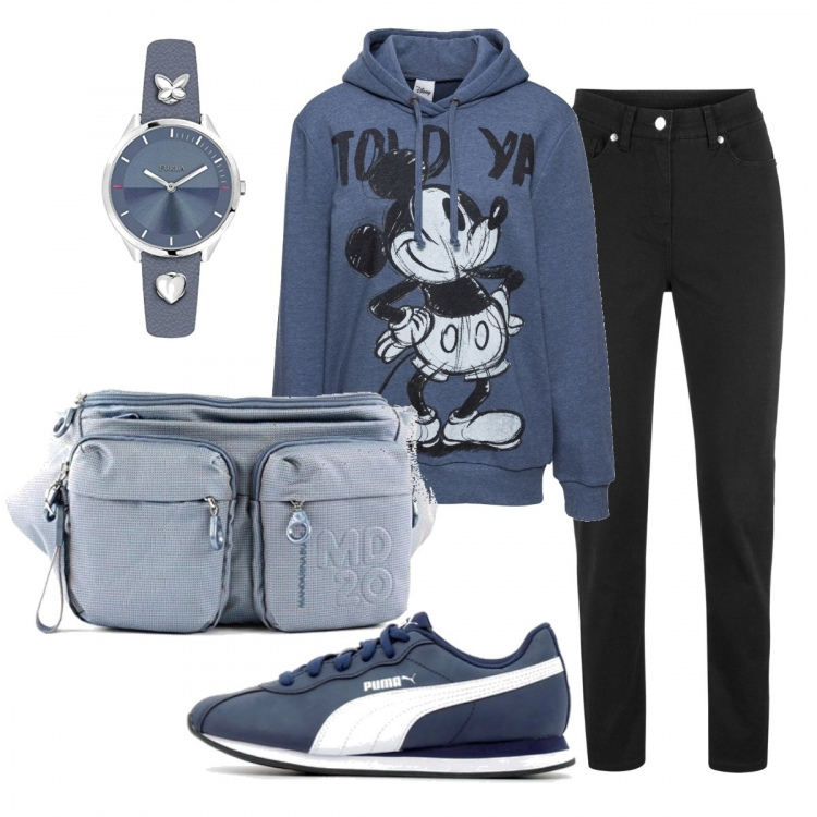 Outfit donna - Impazienza. Stile Basic per Scuola/Università. Abbinamento con gonne lunghe, pantaloni, scarpe blu, borsa a tracolla, orologi analogici.