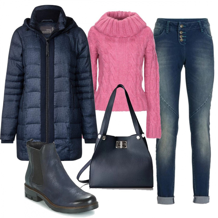 Outfit donna - Maglia rosa. Stile Basic per Tutti i giorni. Abbinamento con jeans boyfriend, maglioncino a trecce lavorato a maglia collo a dolcevita a maniche lunghe taglia media in mohair tinta unita, stivaletti, giubbotto, borse a spalla.