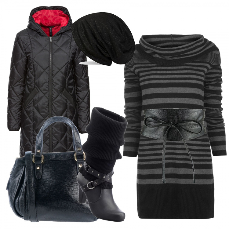 Outfit donna - Black in the city. Stile Urban per Tutti i giorni. Abbinamento con stivali, cappotti, borsa a mano, pullovers, cintura con fusciacca in pelle sintetica taglia unica nero, berretti.