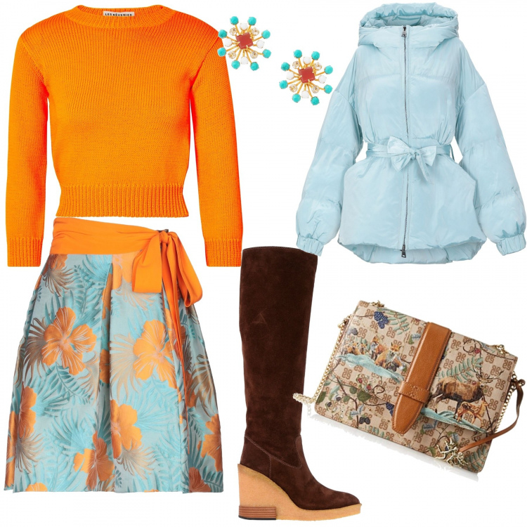 Outfit donna - Il mio colore un po\' ovunque e le zeppe. Stile Chic per Serata fuori. Abbinamento con stivali, gonne longuette, piumino in tessuto tecnico, pullovers, orecchini, borse a tracolla.