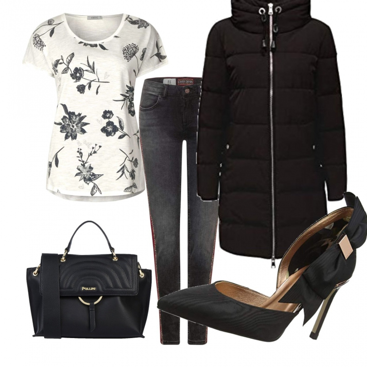 Outfit mujer - Black&white. Estilo Urban para Todos los días. Combinación con cappotto nero, zapatos de tacón nero, maglietta multicolore e bianco, vaqueros slim fit, shopping bag.