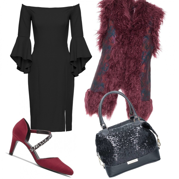 Outfit donna - Trendy #37620. Stile Trendy per Serata fuori. Abbinamento con vestiti midi/longuette, reggiseni, borsetta nero, pelliccia fantasia bordeaux.