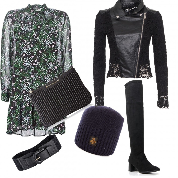 Outfit donna - Rock #4331. Stile Rock Abbinamento con cinture, stivali nero, berretto blu, giubbotto con pizzo nero, vestito, pochette.