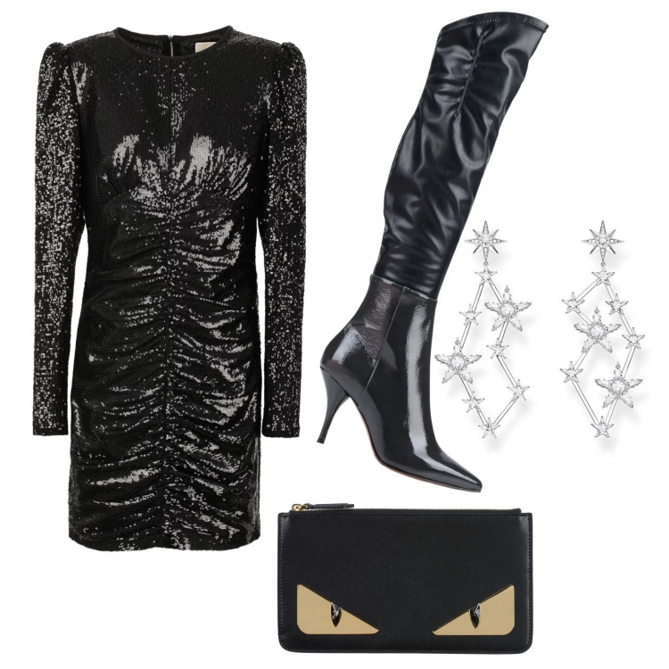 Outfit donna - Paillettes a capodanno!!!. Stile Sexy per Serata fuori. Abbinamento con vestiti corti, stivali, pochette, orecchini.
