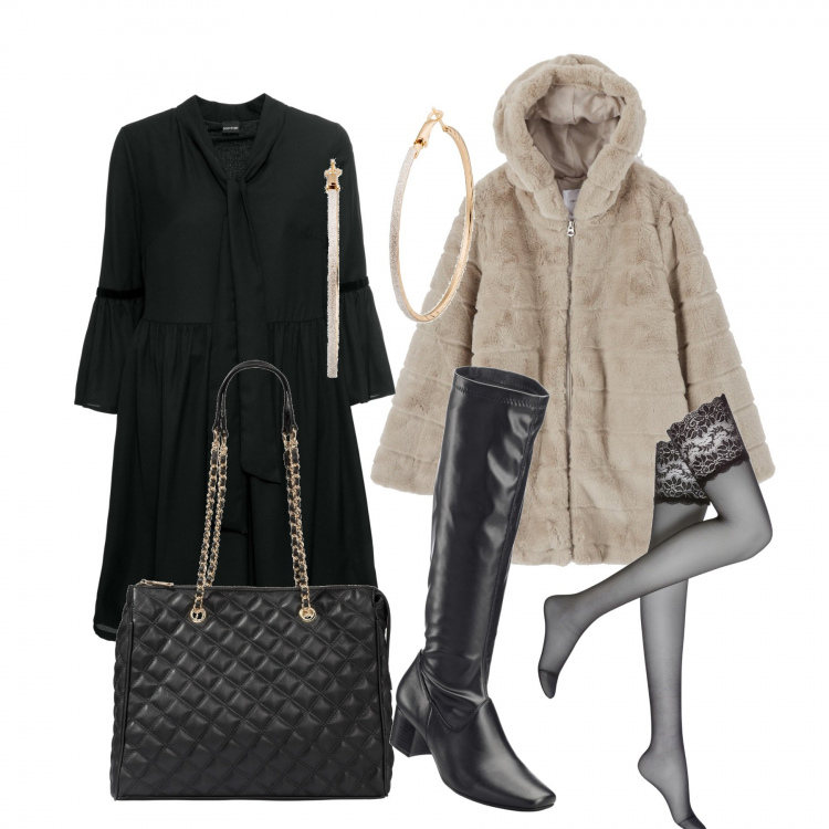 Outfit donna - Cappotto pelliccioso. Stile Trendy per Tutti i giorni. Abbinamento con shopping bag, stivali, vestiti, calzini, orecchini, ecopelliccia lunga con cappuccio e zip tinta unita beige.