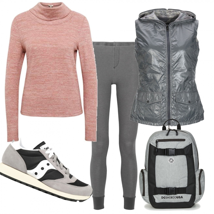 Outfit mujer - Fitness. Estilo Basic para Deporte. Combinación con felpa melange rosa, zaino, leggings, sneakers, abrigo.
