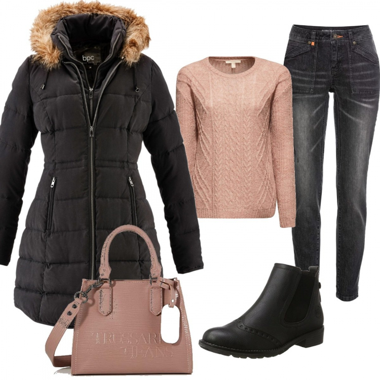 Outfit donna - Borsa Trussardi jeans. Stile Basic per Tutti i giorni. Abbinamento con giacche, jeans boyfriend, borsa, stivali, felpe.