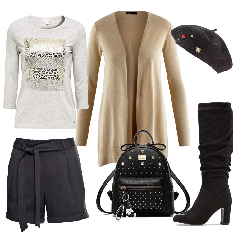 Outfit donna - Il mio 2019. Stile Urban per Tutti i giorni. Abbinamento con cappelli e berretti, shorts, stivali sopra il ginocchio, t-shirt, borsa zainetto, cardigan lavorato a maglia collo aperto aderente beige.