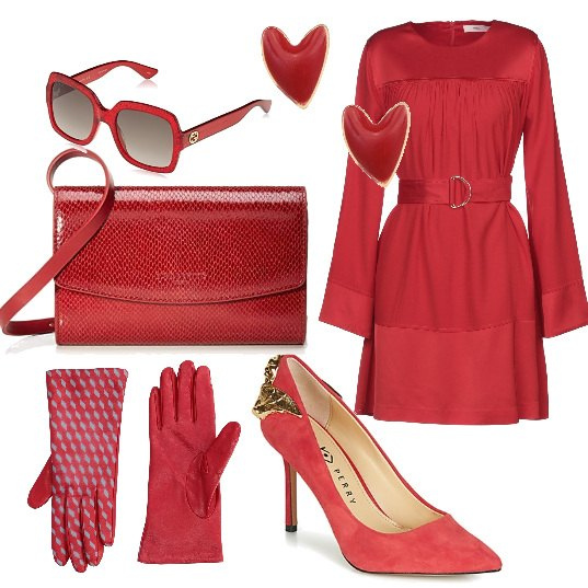 Outfit mujer - Rojo amor. Estilo Bon Ton para Noche/Fiesta elegante. Combinación con gafas de sol, clutch rosso, zapatos de tacón, vestito jersey, guantes, pendientes.