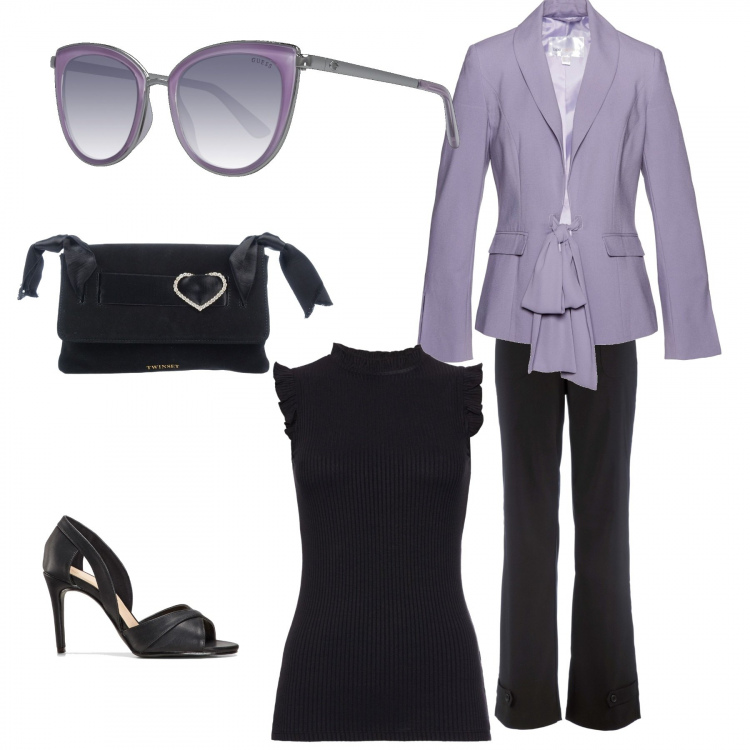 Outfit donna - Sexy #4985. Stile Sexy per Tutti i giorni. Abbinamento con pantaloni, blazer con fiocco viola, décolleté, borse a mano, maglia, occhiali da sole.