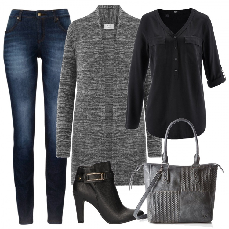 Outfit donna - Andiamo a passeggiare in centro?. Stile Basic per Tutti i giorni. Abbinamento con bluse, jeans skinny, cardigan, stivaletti in pelle sintetica nero, borsa a mano.