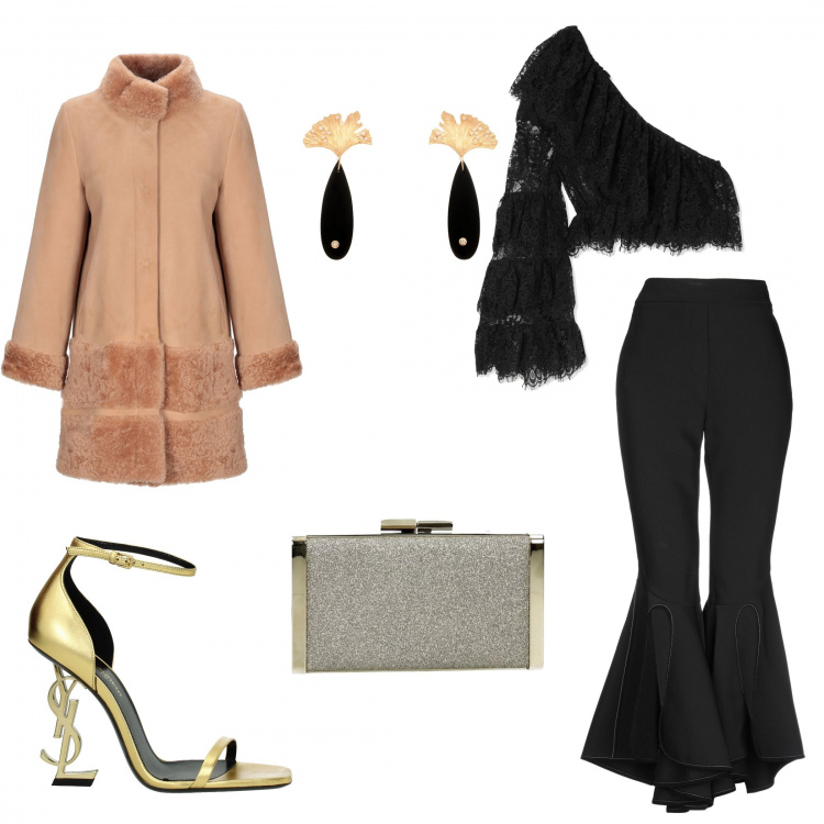 Outfit donna - Trendy #37693. Stile Trendy per Serata fuori. Abbinamento con cappotti, pantaloni, top, orecchini con strass e farfallina argento e oro, sandali, pochette.
