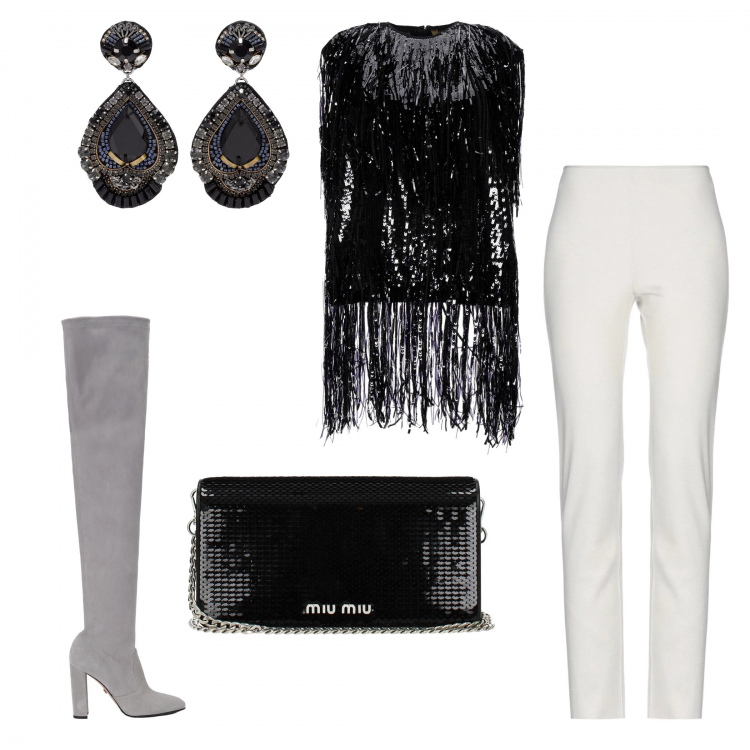 Outfit donna - Trendy #37697. Stile Trendy per Serata fuori. Abbinamento con pantalone lungo, top, orecchini, stivali, pochette.