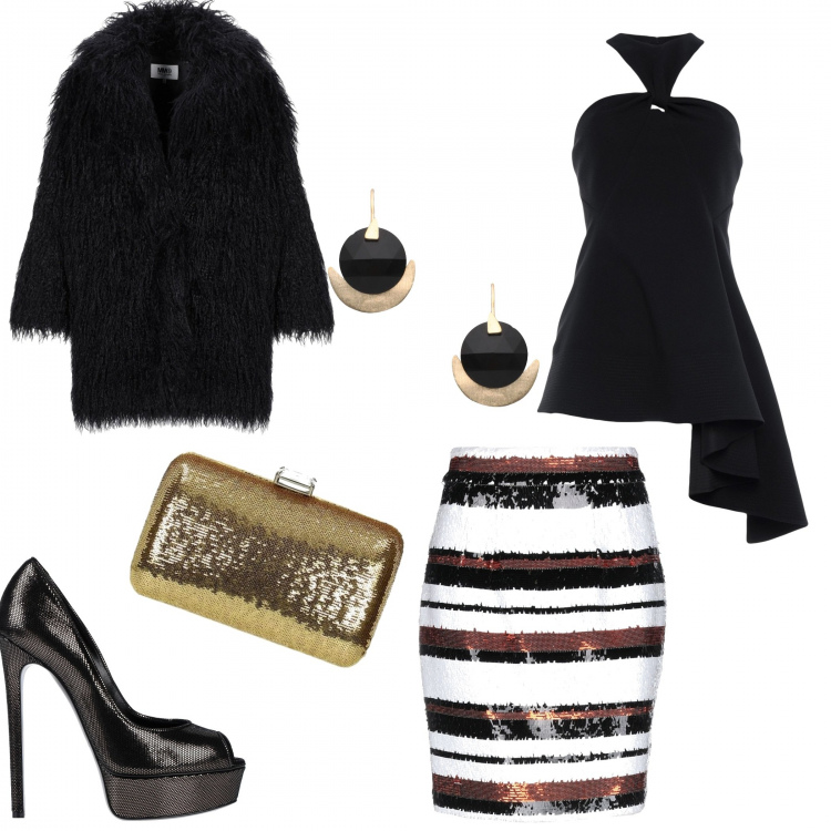 Outfit donna - Trendy #37698. Stile Trendy per Serata fuori. Abbinamento con top, gonne longuette, décolleté, ecopellicce, orecchini, pochette.