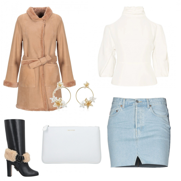 Outfit donna - Urban #13112. Stile Urban per Tutti i giorni. Abbinamento con cappotto, gonne, stivali, top, pochette, orecchini.