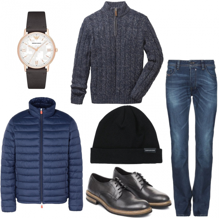 Outfit uomo - Con stile tutti i giorni. Stile Casual per Tutti i giorni. Abbinamento con maglieria, piumino collo alto a maniche lunghe con zip interno imbottito in tessuto tecnico tinta unita, jeans delavé tinta unita, cappello lavorato a maglia interno foderato tinta unita, scarpe grigio, orologio con cinturino in oro rosa marrone e bianco.