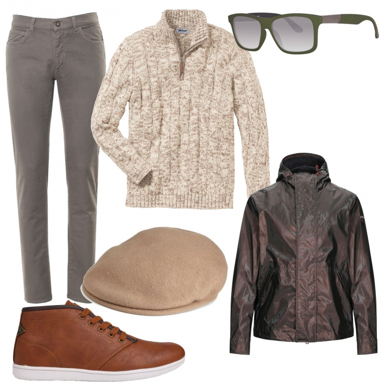 Outfit uomo - Sfumature di marrone. Stile Urban per Tutti i giorni. Abbinamento con maglieria, cappotti, stivali, occhiali da sole, berretti, pantaloni.