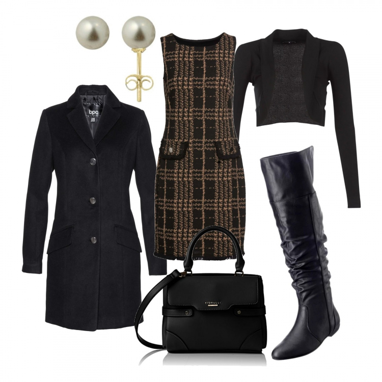 Outfit donna - Ultimo lunedì 2019 in ufficio. Stile Basic per Ufficio. Abbinamento con stivali sopra il ginocchio, vestito a quadri jersey nero, cappotti, gilet, borsa a spalla, orecchini.