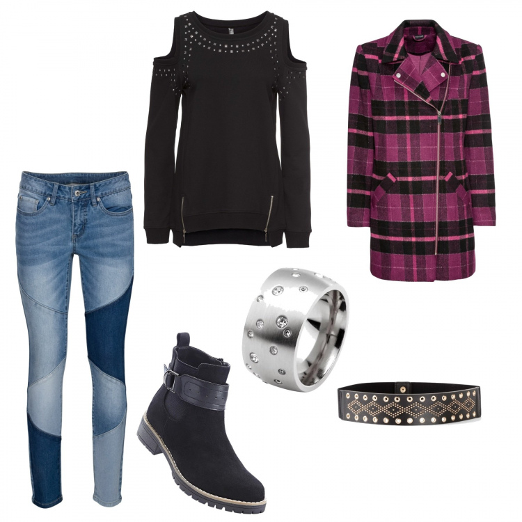 Outfit donna - Serata cinema - total Bonprix. Stile Urban per Tutti i giorni. Abbinamento con stivaletti, jeans skinny, felpe, blazer, anelli, cintura.