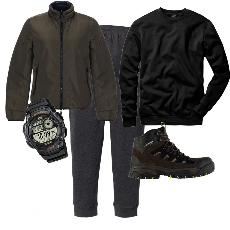 Outfit uomo - Scarponcini Dunlop. Stile Trendy per Tutti i giorni. Abbinamento con felpe, pantaloni, piumino, stivali marrone, orologi digitali.