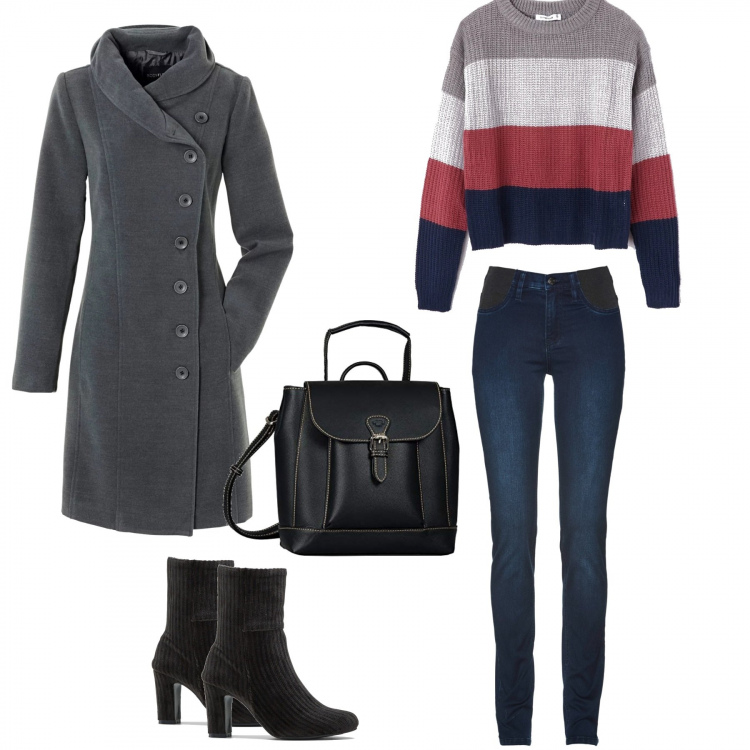 Outfit donna - Scuola / tempo libero. Stile Trendy per Scuola/Università. Abbinamento con cappotti, jeans skinny, stivaletti, maglia a righe blu, zaini.