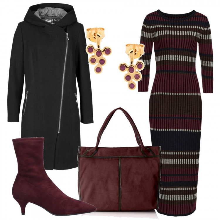 Outfit donna - L\'abito fasciante. Stile Trendy per Ufficio. Abbinamento con blazer, vestito, stivaletti, borsa tote rosso, orecchini in ottone.