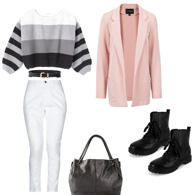 Outfit donna - Quotidianitá Stilosa. Stile Trendy per Tutti i giorni. Abbinamento con pantalone chino, vestiti corti, cintura, borsa a mano con zip e scomparti nero, maglia a righe grigio, stivali nero.