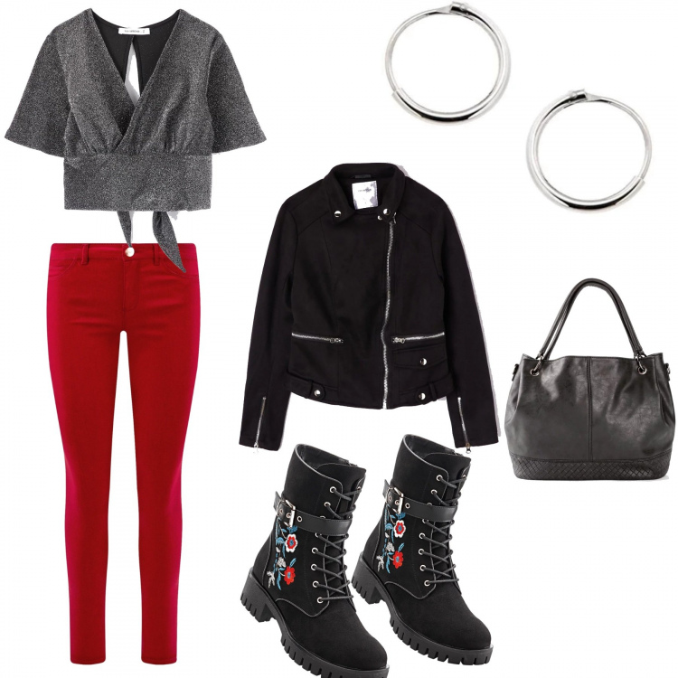 Outfit donna - A giro in pelle. Stile Rock per Tutti i giorni. Abbinamento con stivali, borsa a mano con zip e scomparti nero, blusa, giubbino tinta unita nero, jeans slim fit, orecchini in argento 925.