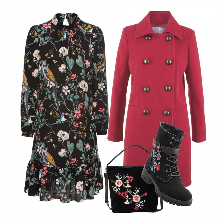 Outfit donna - Vestito a fiori curvy. Stile Trendy per Tutti i giorni. Abbinamento con stivali, maglieria, cappotti, borse a tracolla.