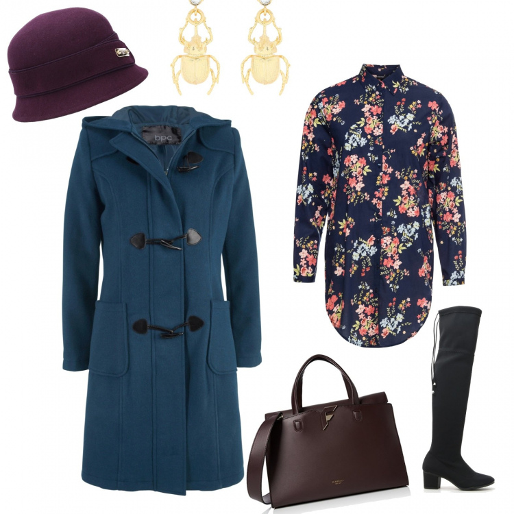Outfit donna - Inverno fiorato. Stile Sexy per Tutti i giorni. Abbinamento con montgomery, camicie, orecchini, cappello, stivali e anfibi, borse a mano.