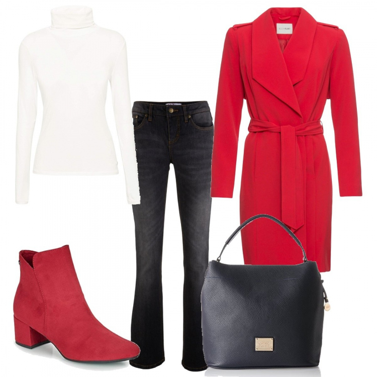 Outfit donna - Chic #22609. Stile Chic per Tutti i giorni. Abbinamento con jeans bootcut, trench, t-shirt, stivaletti rosso, borsa a spalla blu.