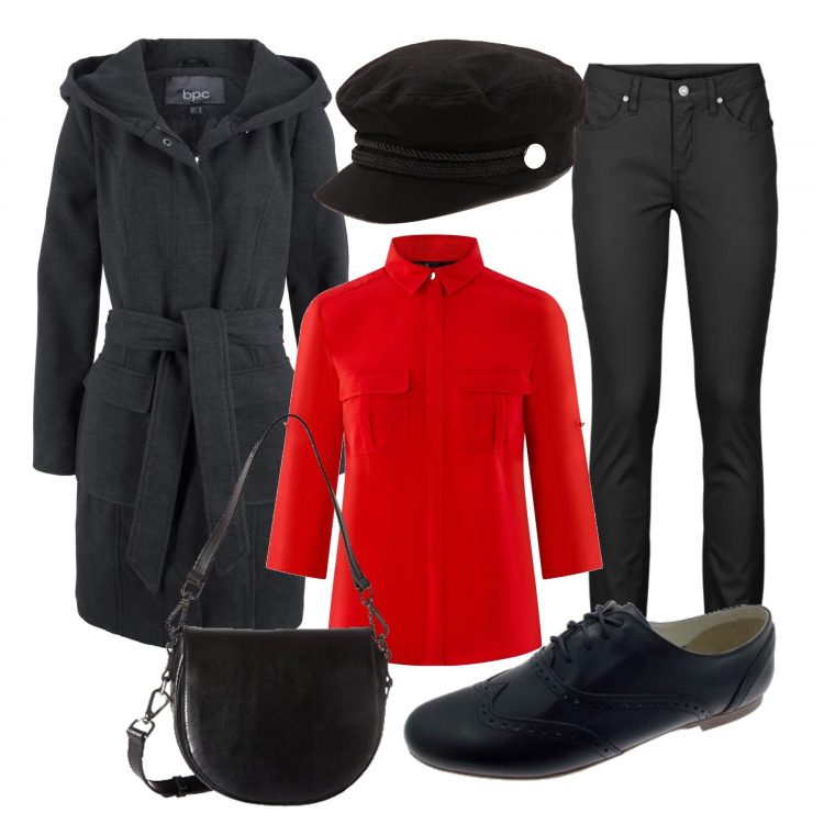 Outfit donna - In città. Stile Urban per Tutti i giorni. Abbinamento con jeans, giacca, cappello tinta unita nero, scarpe blu, camicetta con taschini rosso, borsa a tracolla.
