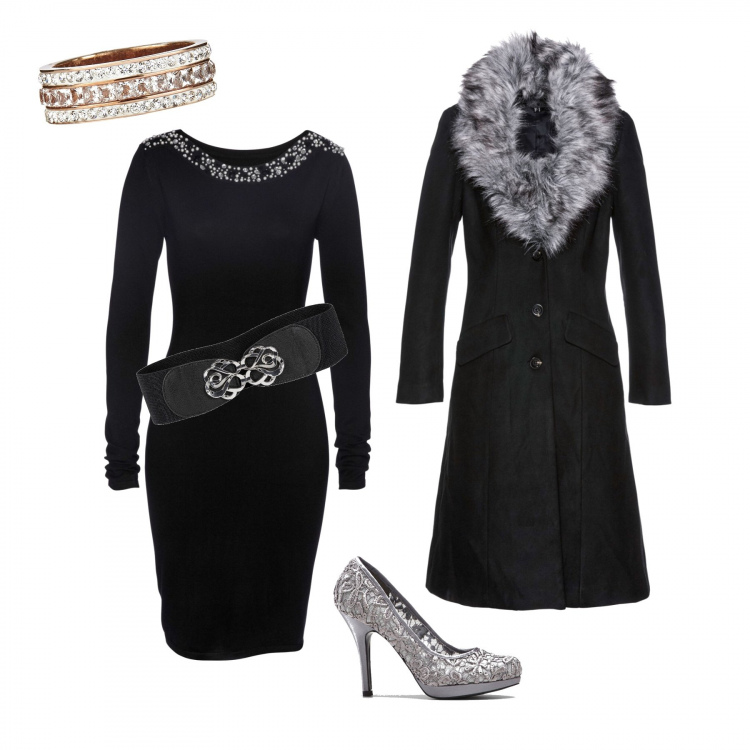 Outfit donna - Ultime idee per l’ultimo dell’anno. Stile Bon Ton per Serata fuori. Abbinamento con cinture, vestiti, cappotto, décolleté, anello con strass in oro rosa.
