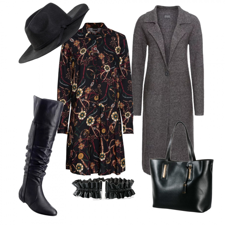 Outfit donna - Stivali e vestito floreale. Stile Urban per Tutti i giorni. Abbinamento con stivali sopra il ginocchio, vestito, cappotti, shopping bag, cintura, cappello.
