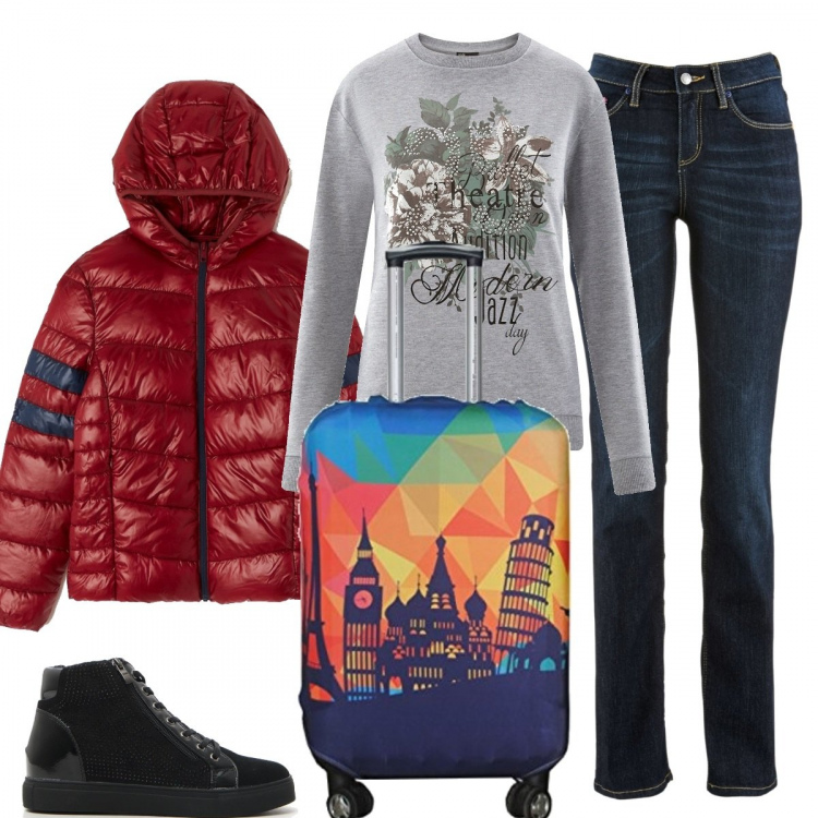 Outfit donna - Comoda in viaggio. Stile Basic per Tutti i giorni. Abbinamento con jeans dritti, piumino con cappuccio a maniche lunghe con zip bordeaux, valigia elasticizzato, felpe, sneakers.