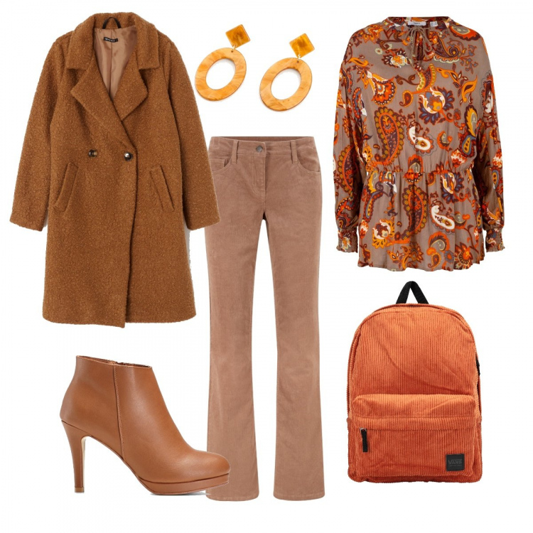 Outfit donna - Viaggio in treno. Stile Trendy per Ufficio. Abbinamento con pantaloni, maglieria, maglieria, cardigans, borsa, cappotto doppiopetto collo con revers tinta unita cammello.