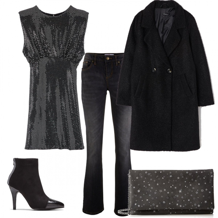 Outfit donna - Trendy #37944. Stile Trendy per Serata fuori. Abbinamento con jeans bootcut, stivaletti, vestito a tubino con paillettes girocollo senza maniche argento, cappotto doppiopetto collo con revers tinta unita nero, clutch.