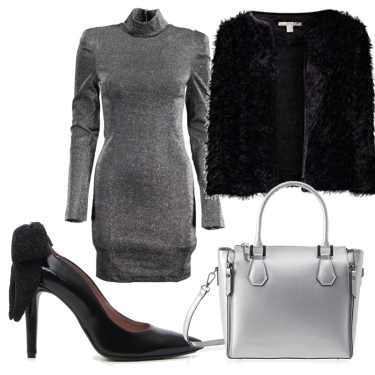 Outfit donna - Sexy #5051. Stile Sexy per Serata fuori. Abbinamento con vestito corto effetto metallizzato collo alto a maniche lunghe con zip grigio, décolleté, bolero, borse a spalla.