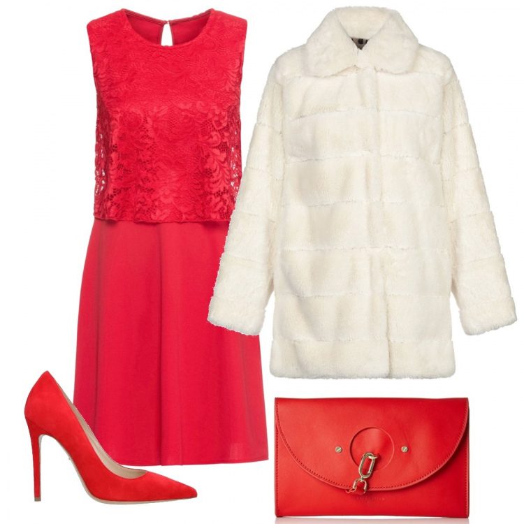 Outfit donna - Sexy #5052. Stile Sexy per Serata fuori. Abbinamento con vestito con pizzo jersey rosso, cappotti, décolleté, portafogli.