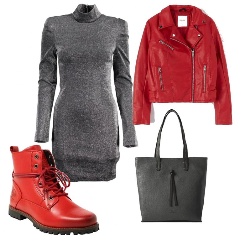 Outfit donna - Rock #4377. Stile Rock per Tutti i giorni. Abbinamento con cappotti, stivaletti, vestito corto effetto metallizzato collo alto a maniche lunghe con zip grigio, borse a spalla.