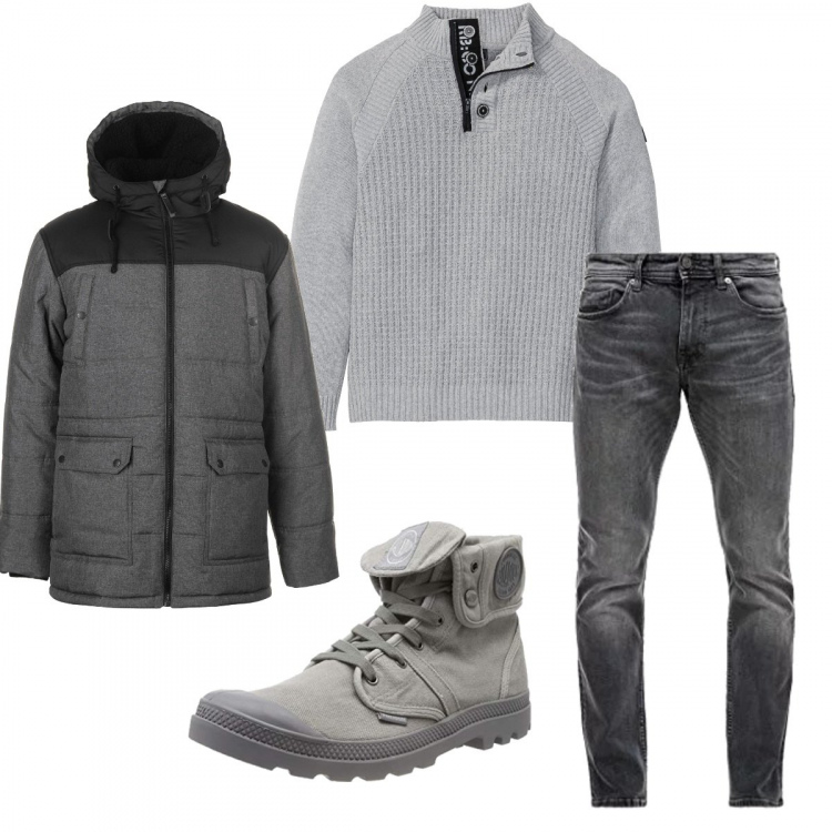 Outfit uomo - Urban #2158. Stile Urban per Tutti i giorni. Abbinamento con maglieria, jeans, sneakers baggy collo alto grigio, giubbotto.