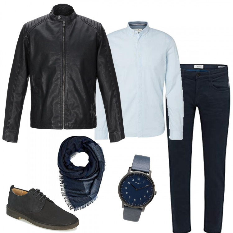 Outfit hombre - Urban #9. Estilo Urban para Noche especial. Combinación con camisas, pantalones, pañuelos y bufandas navy, zapatos elegantes, chaquetas, reloj.