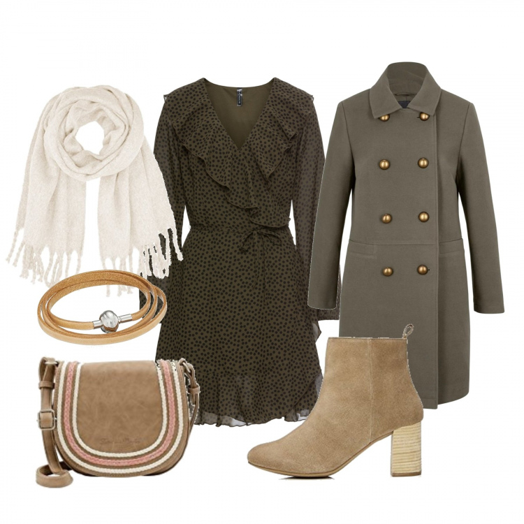 Outfit donna - Nuovi buoni propositi. Stile Trendy per Tutti i giorni. Abbinamento con vestiti, cappotti, stivaletti, borsa a tracolla con zip beige, braccialetti, sciarpe.