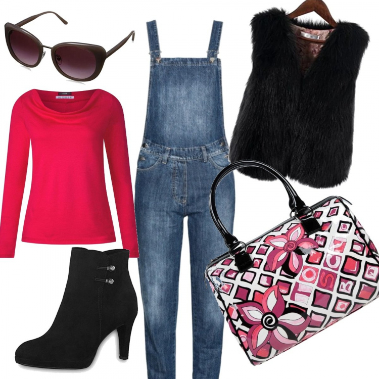 Outfit donna - Per chi ama la salopette!. Stile Trendy per Tutti i giorni. Abbinamento con salopette, borsa a mano fantasia multicolore effetto vernice taglia media con zip interno foderato blu, maglia a maniche lunghe rosso e rosa, gilet, stivaletti, occhiali da sole rosa.