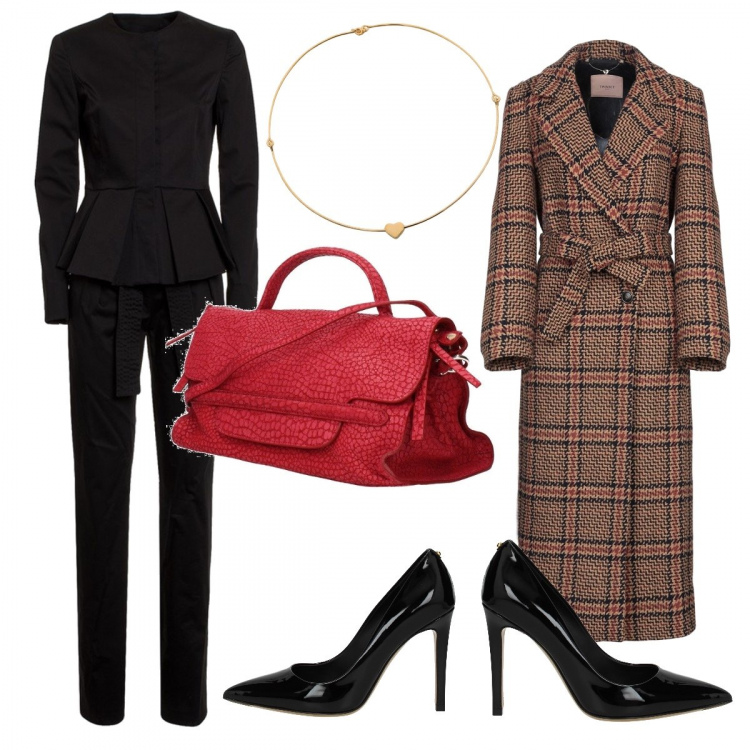 Outfit donna - Citta. Stile Trendy per Ufficio. Abbinamento con collana pendenti, cappotti, borsa a mano con tracolla regolabile rosso, décolleté, completo tinta unita blu.