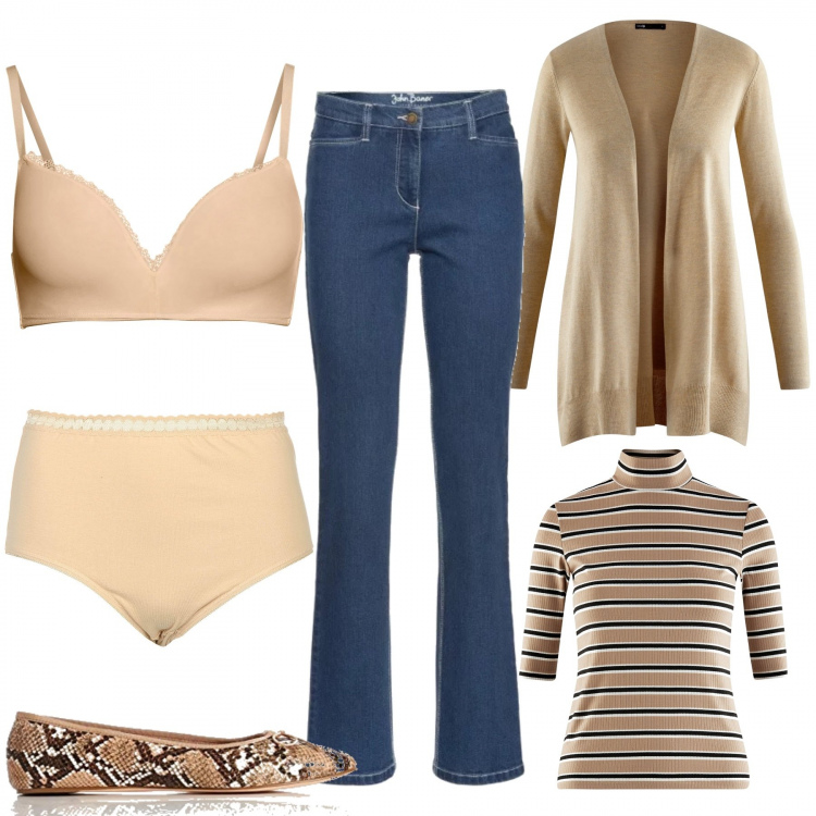 Outfit donna - Semplicemente è in libertà. Stile Trendy per Tutti i giorni. Abbinamento con gonne lunghe, reggiseno senza ferretto con spalline, ballerine, maglioni, cardigan lavorato a maglia collo aperto aderente beige, slip.